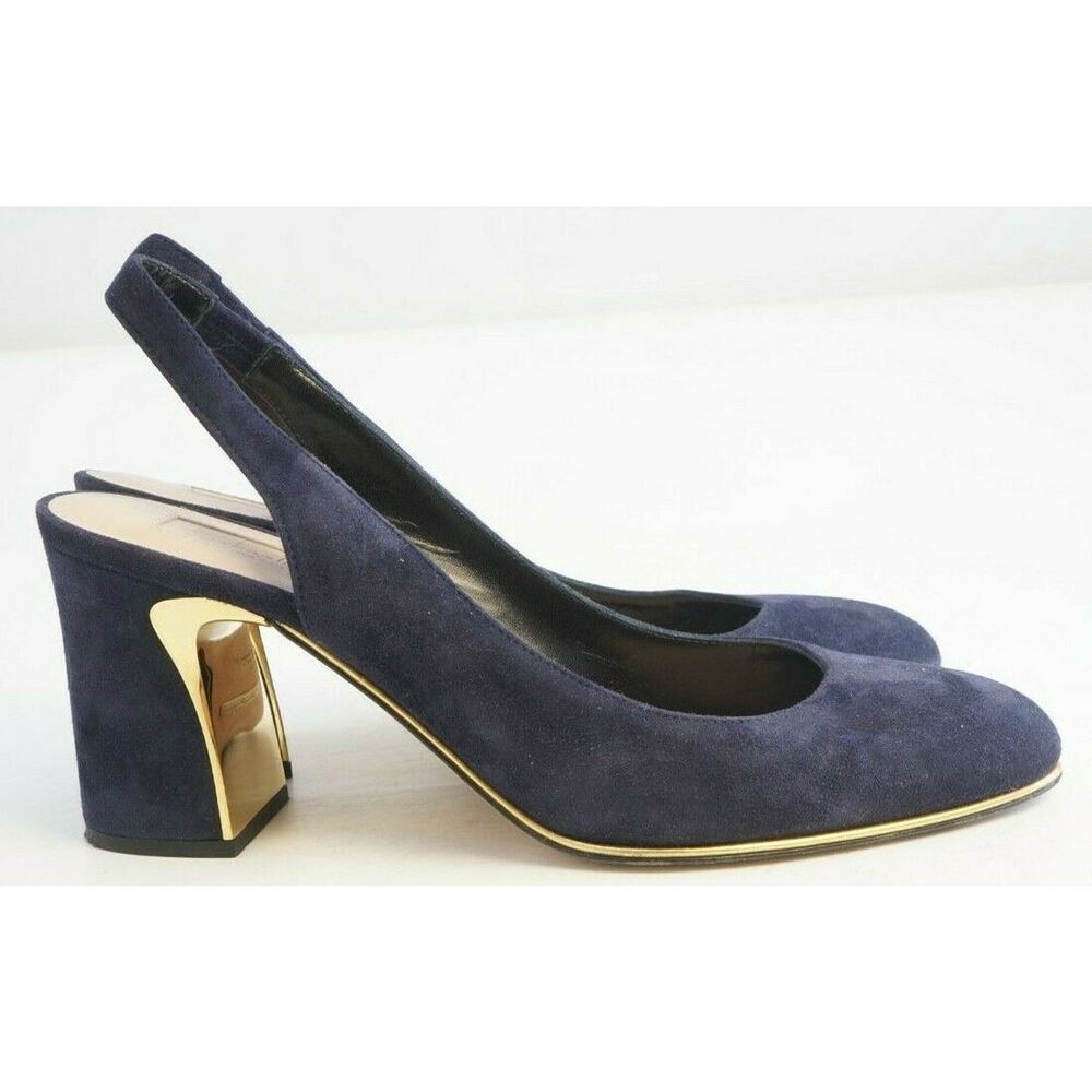 Sebastian Sling back Blue Suede with gold accent Pumps Size 37.5, $600 MSRP